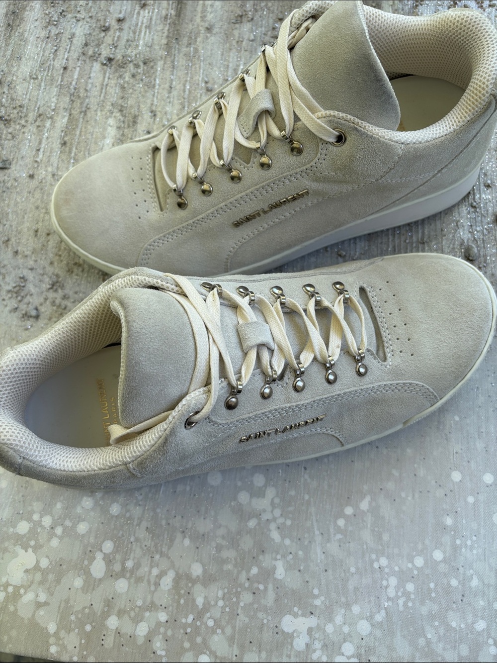 YSL Unisex Sneaker- Saint Laurent Light Beige Suede Low-Top Sneakers - Picture 2 of 6